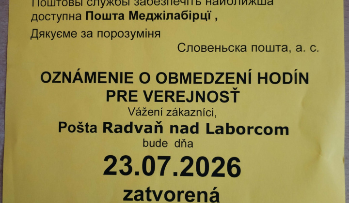 Fotka - Oznámenie o obmedzení hodín pre verejnosť